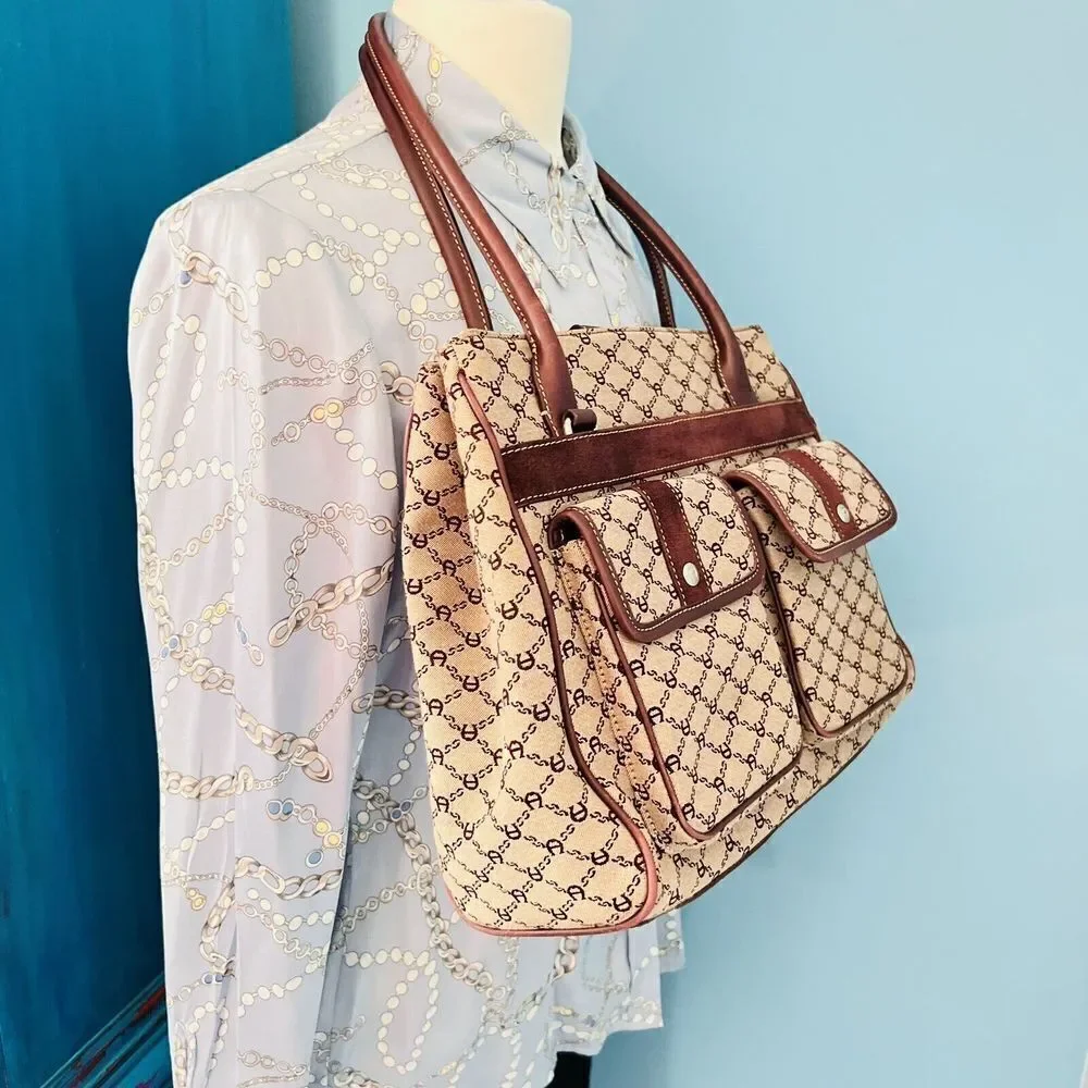 Vintage Etienne Aigner Logo Cotton Leather Travel Tote Bag Double Pocket Satchel